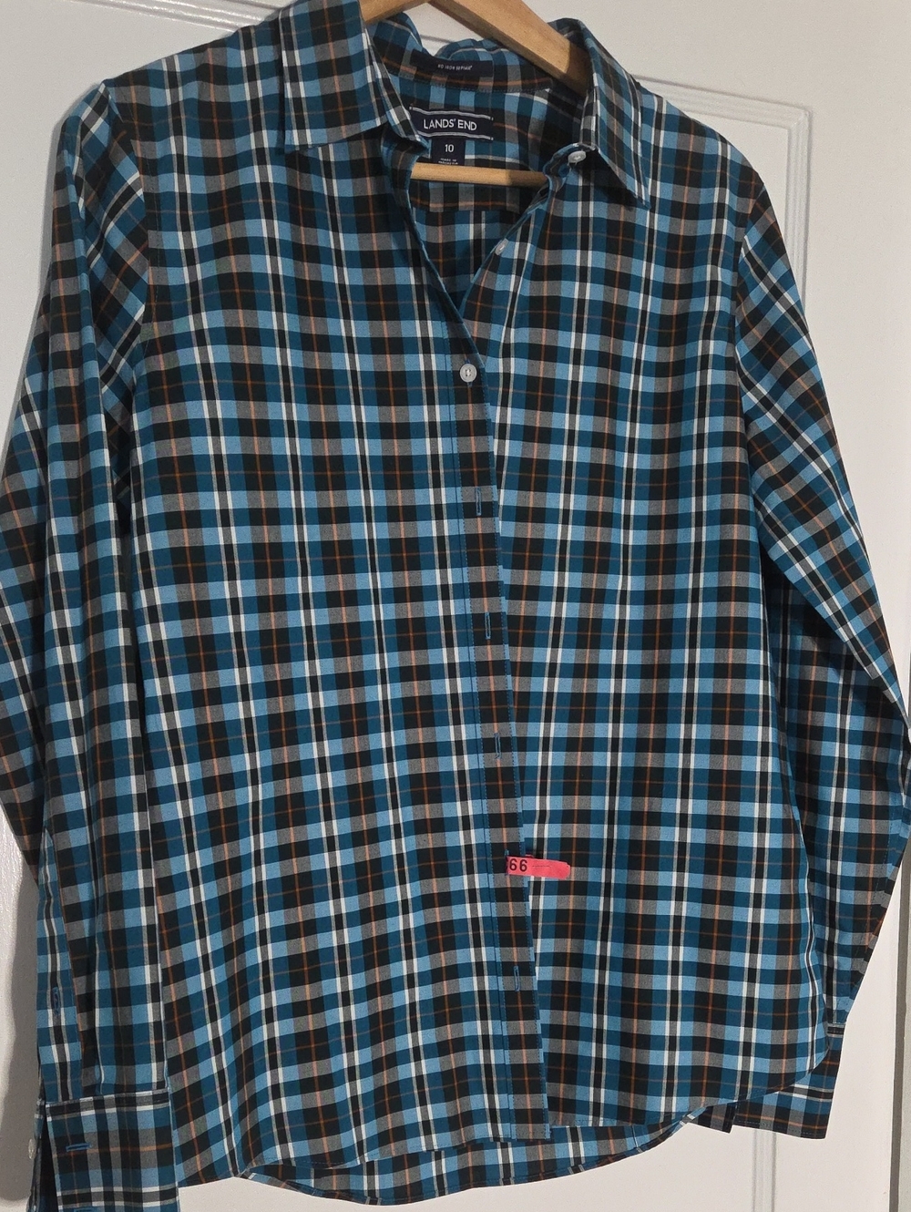 Lands' End Teal and Black Plaid Button-Down Shirt